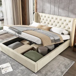 Gutent Lit adulte lit coffre lit 140x200 cm lit de rangement lit rembourré hydraulique lit en métal lit double velours beige