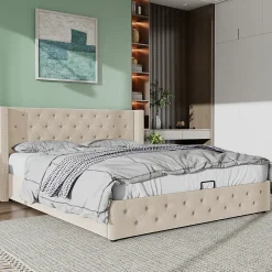 Gutent Lit adulte lit coffre lit rembourré hydraulique lit de rangement lit 160x200 cm lit en métal lit double velours beige