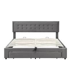 Gutent Lit adulte lit coffre lit 160x200 cm lit de rangement lit rembourré hydraulique lit 2 tiroirs lit double velours gris