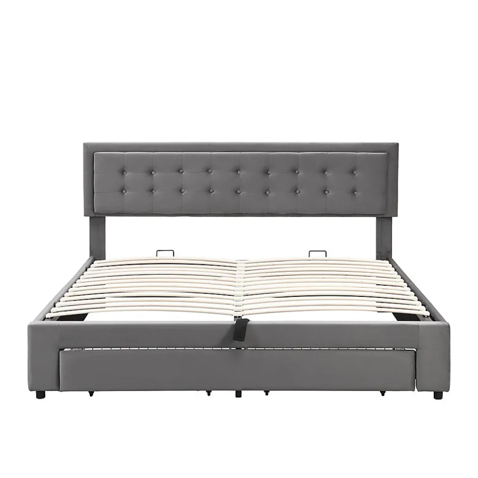 Gutent Lit adulte lit coffre lit 160x200 cm lit de rangement lit rembourré hydraulique lit 2 tiroirs lit double velours gris