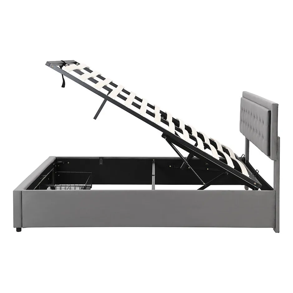 Gutent Lit adulte lit coffre lit 160x200 cm lit de rangement lit rembourré hydraulique lit 2 tiroirs lit double velours gris