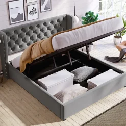 Gutent Lit adulte lit coffre lit 140x200 cm lit de rangement lit rembourré hydraulique lit en métal lit double velours gris Online