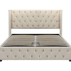Gutent Lit adulte lit coffre lit rembourré hydraulique lit de rangement lit 140x200 cm lit en métal lit double velours beige Clearance