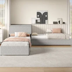 Gutent Lit adulte lit rembourré lit 90x200 cm avec armoire de rangement et tiroir lit double lin gris Online