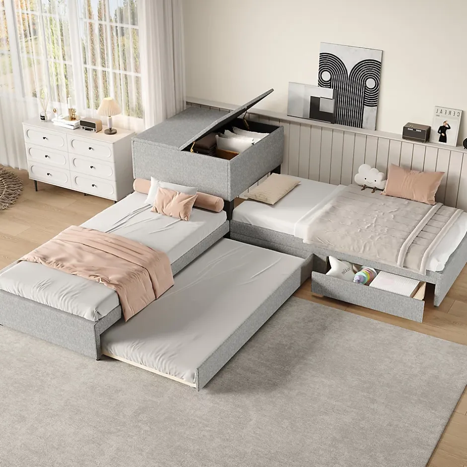 Gutent Lit adulte lit rembourré lit 90x200 cm avec armoire de rangement et tiroir lit double lin gris Online