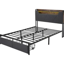 Gutent Lit adulte lit 140x200 cm avec cadre métallique lit rembourré avec éclairage led et tiroirs lit double lin gris Sale