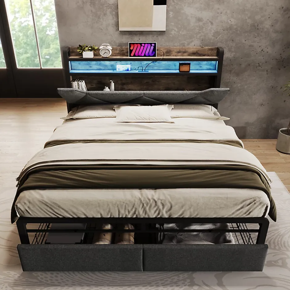 Gutent Lit adulte lit 140x200 cm avec cadre métallique lit rembourré avec éclairage led et tiroirs lit double lin gris Sale