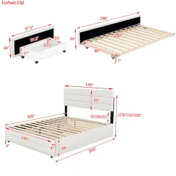 Gutent Lit adulte lit 140x200 cm avec brocheuse et deux tiroirs lit double lin beige