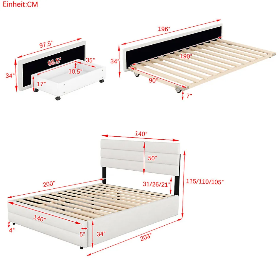 Gutent Lit adulte lit 140x200 cm avec brocheuse et deux tiroirs lit double lin beige