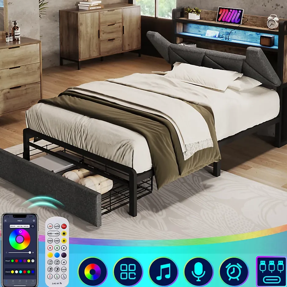 Gutent Lit adulte lit 90x200 cm avec cadre métallique lit rembourré avec éclairage led et tiroirs Single lin gris Best