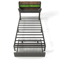 Gutent Lit adulte lit 90x200 cm avec cadre métallique lit rembourré avec éclairage led et tiroirs Single lin gris Best
