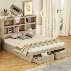 Gutent Lit adulte lit 160x200 cm avec deux tiroirs avec rangement tête de lit lit double panneau de particules Neutral