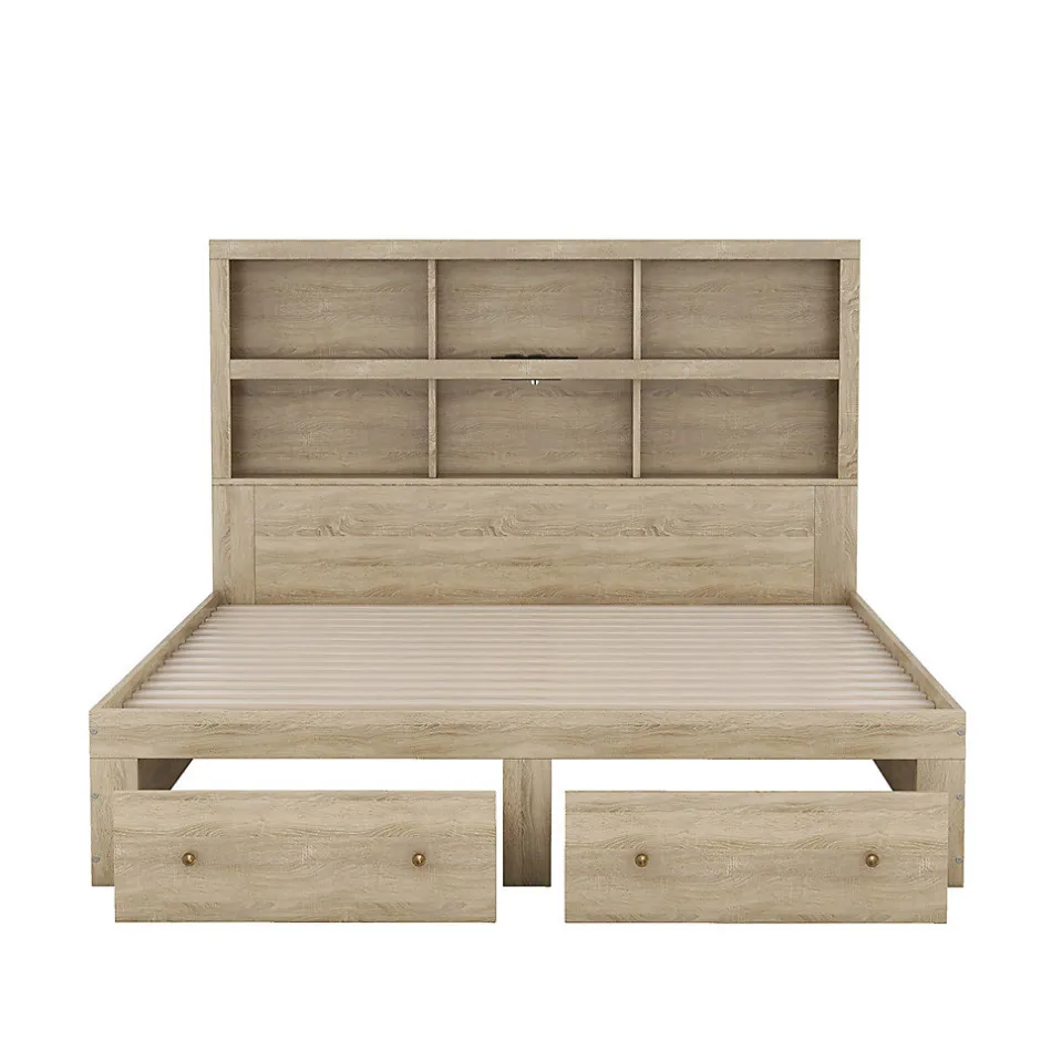 Gutent Lit adulte lit 160x200 cm avec deux tiroirs avec rangement tête de lit lit double panneau de particules Neutral