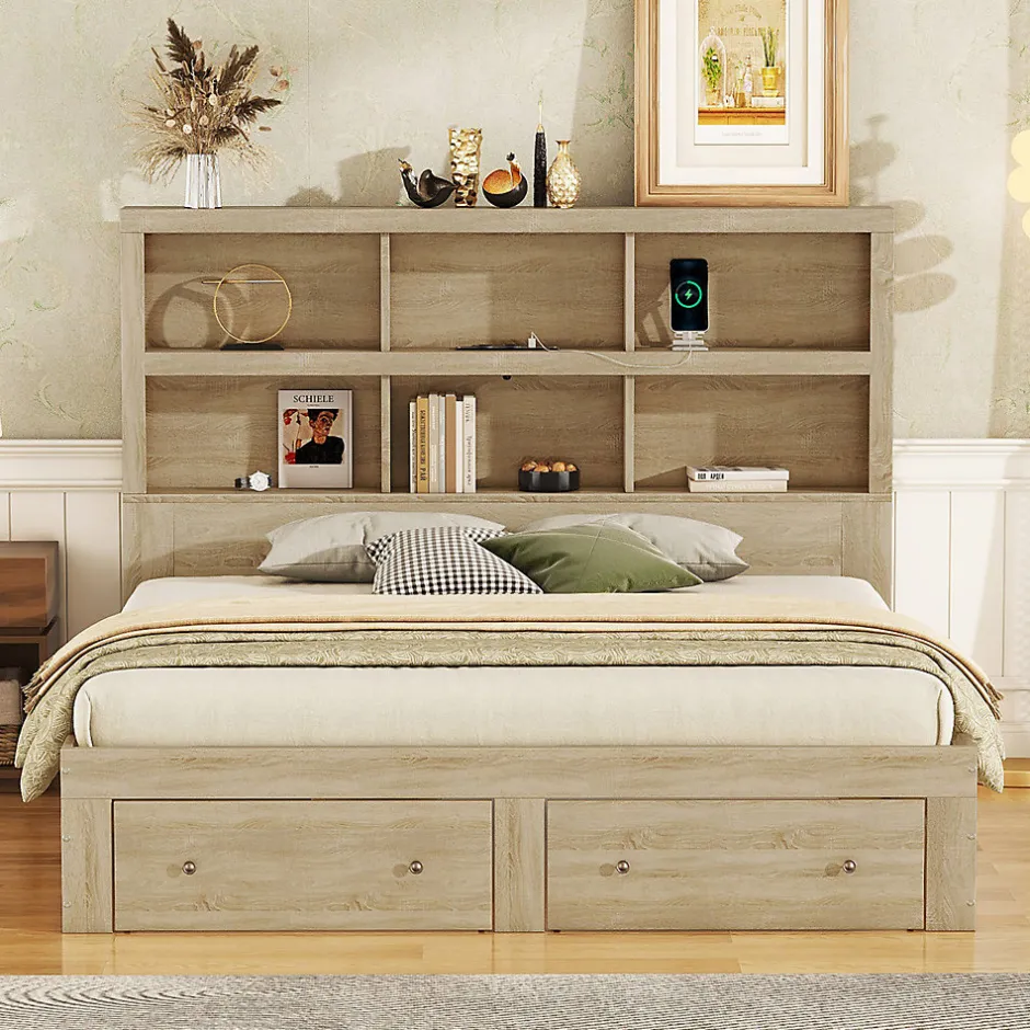 Gutent Lit adulte lit 160x200 cm avec deux tiroirs avec rangement tête de lit lit double panneau de particules Neutral