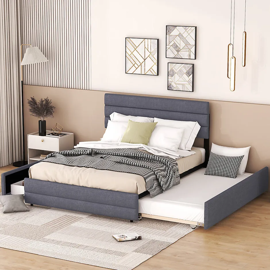 Gutent Lit adulte lit 140x200 cm avec brocheuse et deux tiroirs lit double lin gris Best