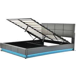 Gutent Lit adulte lit 160x200 cm lit led rembourré hydraulique lit de rangement lit double cuir synthétique gris Discount