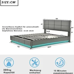 Gutent Lit adulte lit 160x200 cm lit led rembourré hydraulique lit de rangement lit double cuir synthétique gris Discount