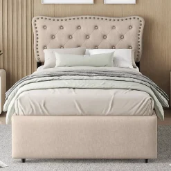 Gutent Lit adulte lit 90x200 cm lit plat lit rembourré Single tiroirs doubles lin beige foncé Sale