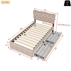 Gutent Lit adulte lit 90x200 cm lit plat lit rembourré Single tiroirs doubles lin beige foncé Sale