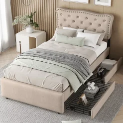 Gutent Lit adulte lit 90x200 cm lit plat lit rembourré Single tiroirs doubles lin beige foncé Sale