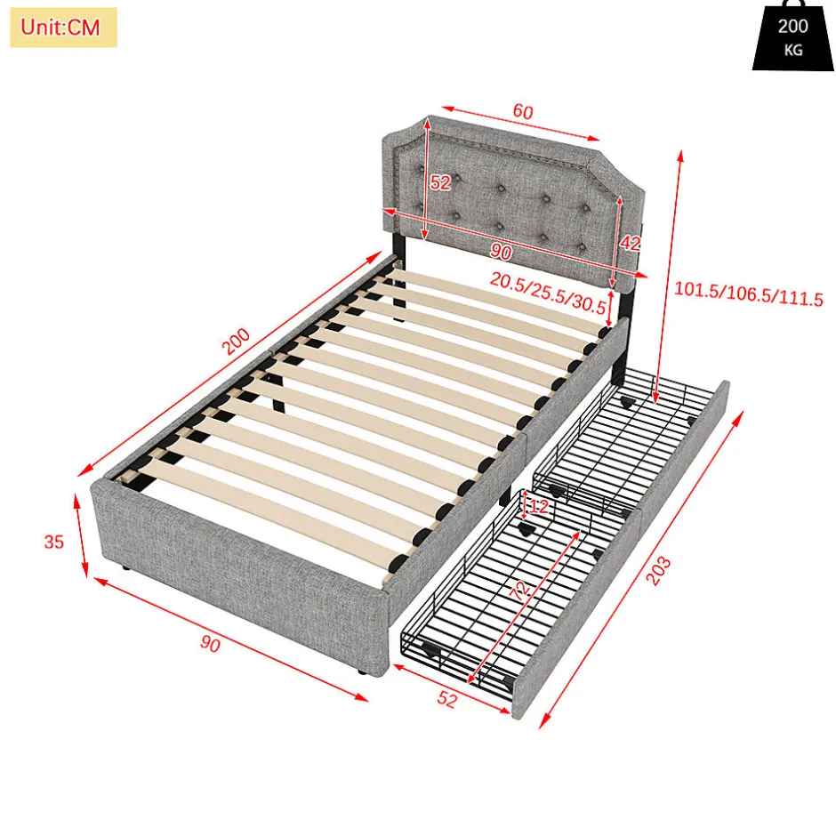 Gutent Lit adulte lit 90x200 cm lit plat lit rembourré lit 2 tiroirs Single gris