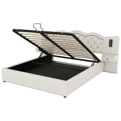 Gutent Lit adulte lit 180x200 cm lit rembourré hydraulique avec deux lampes de chevet lit double lin beige