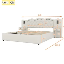 Gutent Lit adulte lit 180x200 cm lit rembourré hydraulique avec deux lampes de chevet lit double lin beige