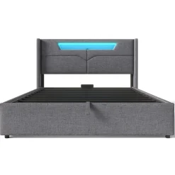 Gutent Lit adulte lit 140x200 cm lit rembourré lit de rangement lit sommier à lattes en bois lit double lin gris