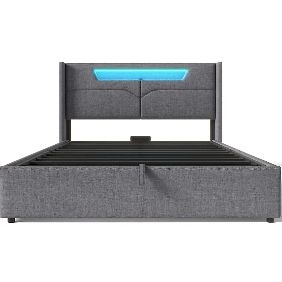 Gutent Lit adulte lit 140x200 cm lit rembourré lit de rangement lit sommier à lattes en bois lit double lin gris