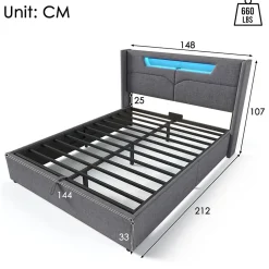 Gutent Lit adulte lit 140x200 cm lit rembourré lit de rangement lit sommier à lattes en bois lit double lin gris