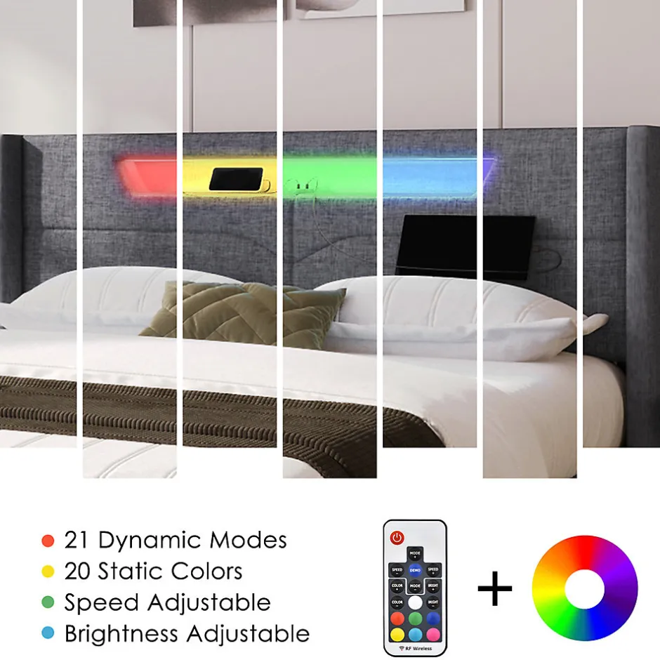 Gutent Lit adulte lit 140x200 cm lit rembourré lit de rangement lit sommier à lattes en bois lit double lin gris