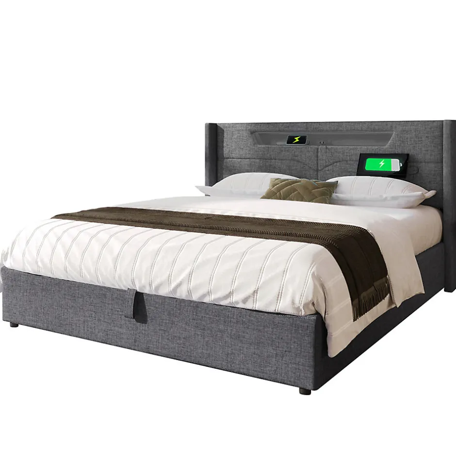 Gutent Lit adulte lit 140x200 cm lit rembourré lit de rangement lit sommier à lattes en bois lit double lin gris