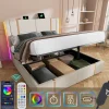 Gutent Lit adulte lit 140x200 cm lit rembourré lit de rangement lit sommier à lattes en bois lit double lin beige