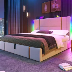 Gutent Lit adulte lit 140x200 cm lit rembourré lit de rangement lit sommier à lattes en bois lit double lin beige