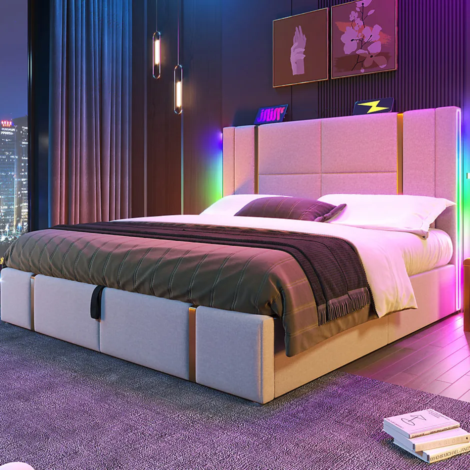 Gutent Lit adulte lit 140x200 cm lit rembourré lit de rangement lit sommier à lattes en bois lit double lin beige