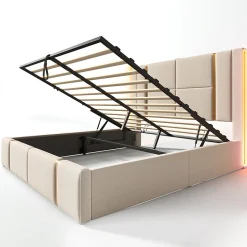Gutent Lit adulte lit 140x200 cm lit rembourré lit de rangement lit sommier à lattes en bois lit double lin beige