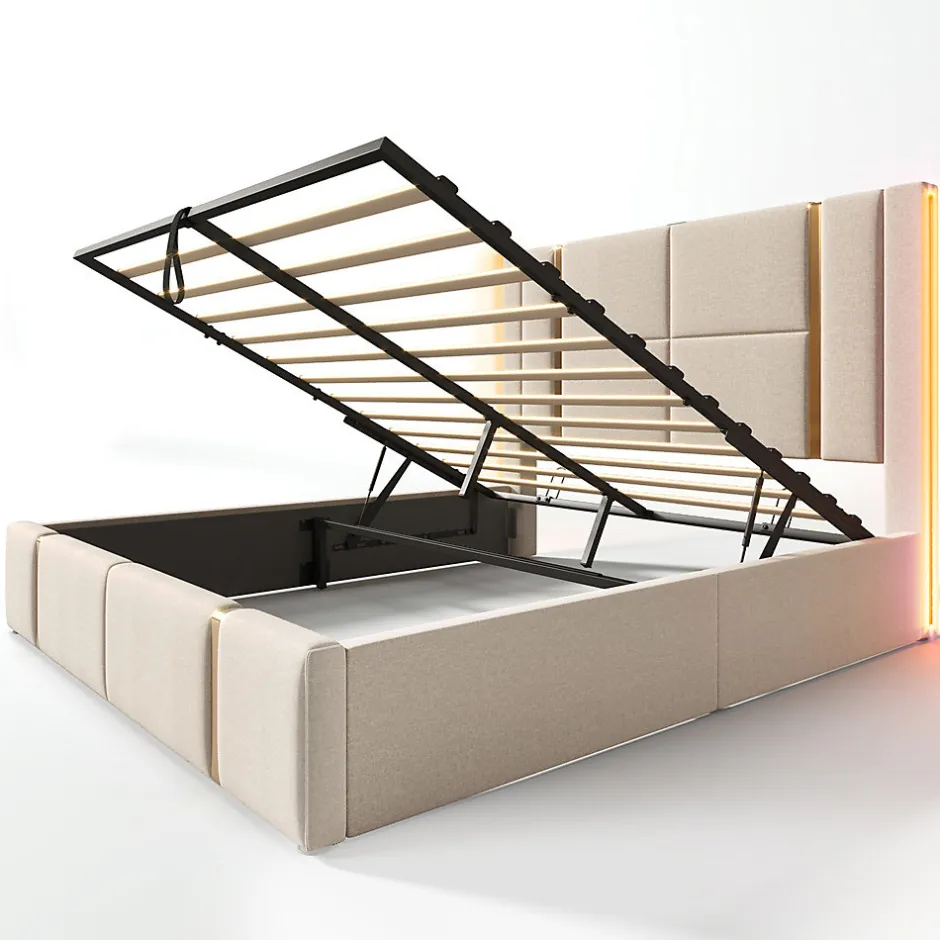 Gutent Lit adulte lit 140x200 cm lit rembourré lit de rangement lit sommier à lattes en bois lit double lin beige