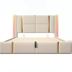 Gutent Lit adulte lit 140x200 cm lit rembourré lit de rangement lit sommier à lattes en bois lit double lin beige