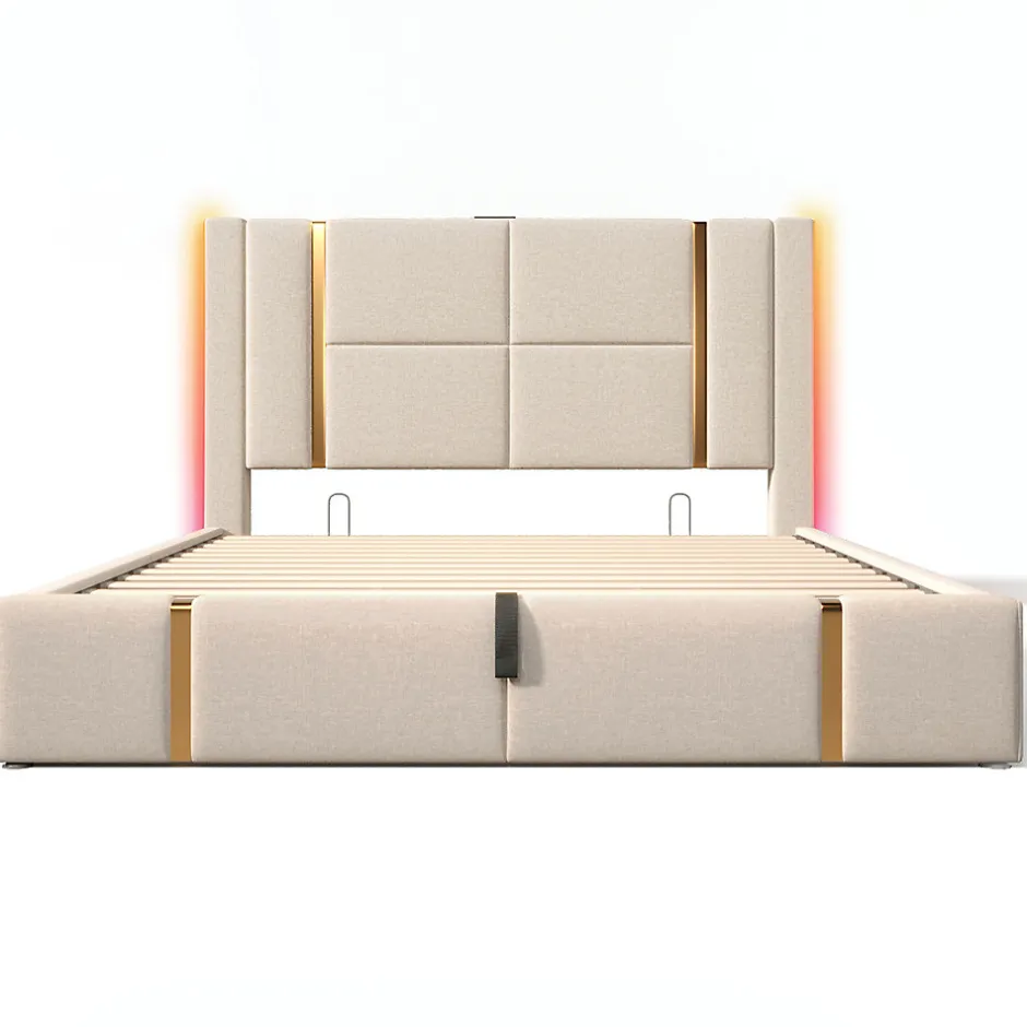 Gutent Lit adulte lit 140x200 cm lit rembourré lit de rangement lit sommier à lattes en bois lit double lin beige