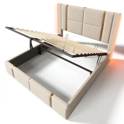 Gutent Lit adulte lit 140x200 cm lit rembourré lit de rangement lit sommier à lattes en bois lit double lin beige