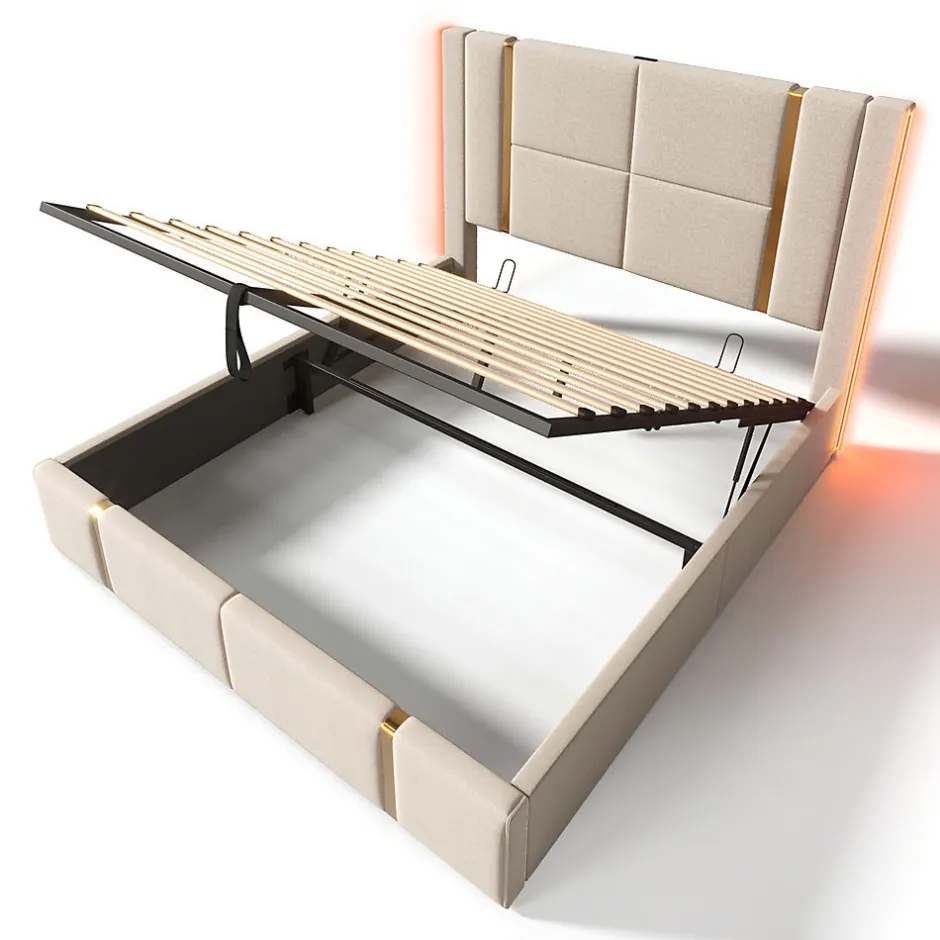 Gutent Lit adulte lit 140x200 cm lit rembourré lit de rangement lit sommier à lattes en bois lit double lin beige