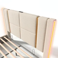 Gutent Lit adulte lit 140x200 cm lit rembourré lit de rangement lit sommier à lattes en bois lit double lin beige