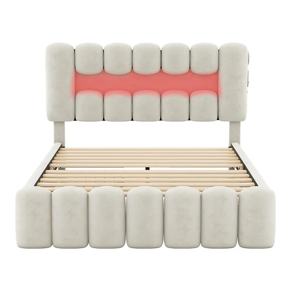 Gutent Lit adulte lit 140x200 cm lit rembourré avec barre lumineuse led lit 4 tiroirs avec usb et chaîne stéréo lit double velours beige