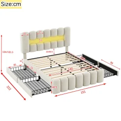 Gutent Lit adulte lit 140x200 cm lit rembourré avec barre lumineuse led lit 4 tiroirs avec usb et chaîne stéréo lit double velours beige