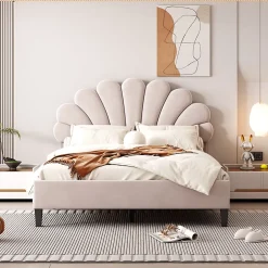 Gutent Lit adulte lit 140x200 cm lit rembourré lit cadre à lamelles lit double velours beige Best