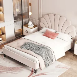 Gutent Lit adulte lit 140x200 cm lit rembourré lit cadre à lamelles lit double velours beige Best