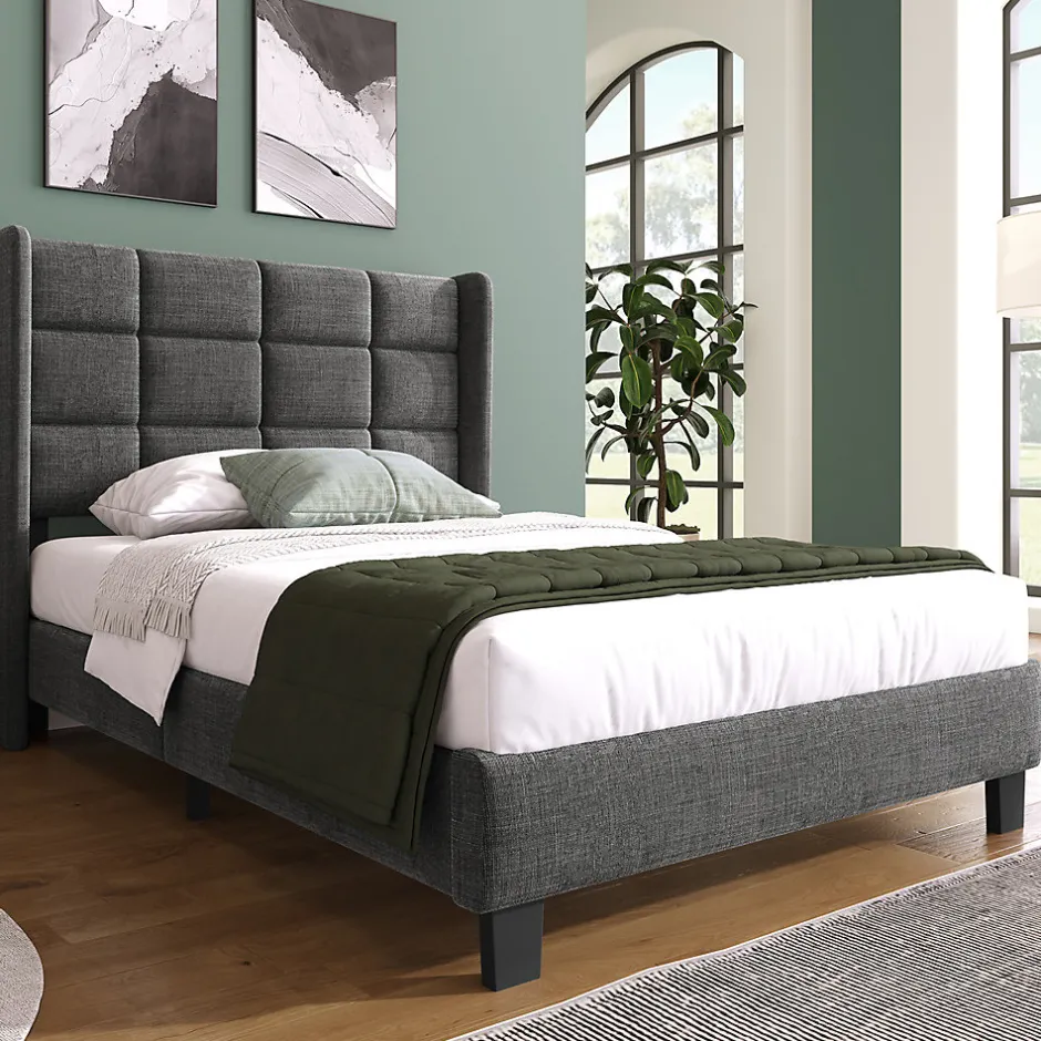 Gutent Lit adulte lit 90x200 cm lit rembourré lit sommier à lattes Single lin gris