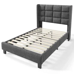 Gutent Lit adulte lit 90x200 cm lit rembourré lit sommier à lattes Single lin gris