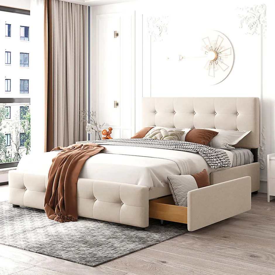 Gutent Lit adulte lit 140x200 cm lit rembourré avec tiroirs et sommier à lattes lit double velours beige