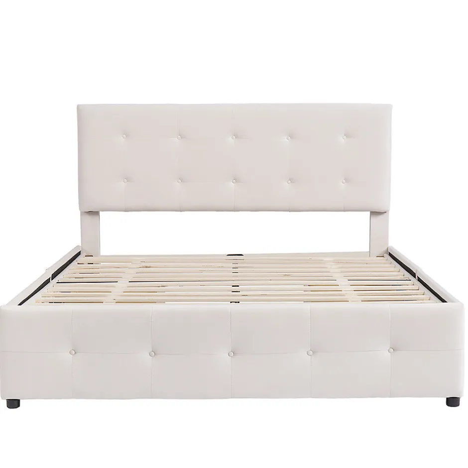 Gutent Lit adulte lit 140x200 cm lit rembourré avec tiroirs et sommier à lattes lit double velours beige